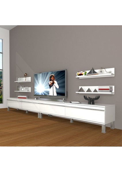 Eko 360R Mdf Krom Ayaklı Tv Ünitesi Tv Sehpası - Parlak Beyaz
