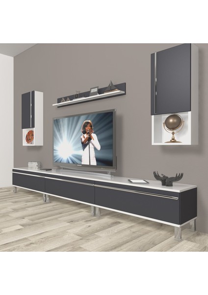 Eko 270TA Mdf Krom Ayaklı Tv Ünitesi Tv Sehpası - Beyaz - Antrasit