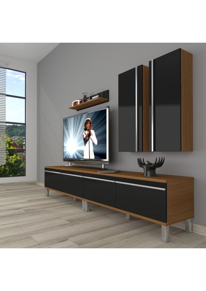 Eko 5200T Mdf Krom Ayaklı Tv Ünitesi Tv Sehpası - Ceviz - Siyah