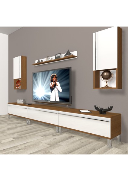 Eko 270TA Mdf Krom Ayaklı Tv Ünitesi Tv Sehpası - Ceviz - Beyaz