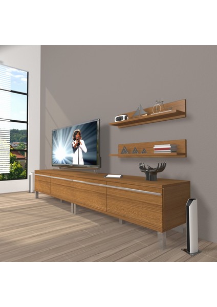 Eko 220T Mdf Krom Ayaklı Tv Ünitesi Tv Sehpası - Naturel Ceviz