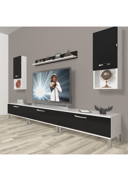 Eko 270DA Slm Krom Ayaklı Tv Ünitesi Tv Sehpası - Beyaz - Siyah