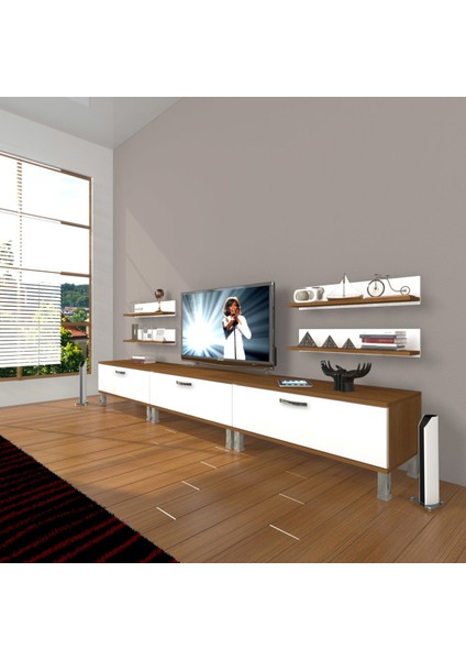 Eko 270R Slm Krom Ayaklı Tv Ünitesi Tv Sehpası - Ceviz - Beyaz