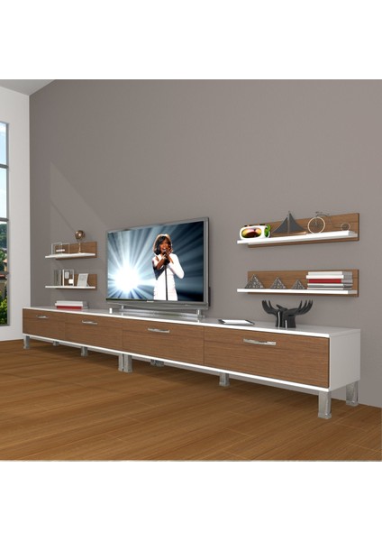 Eko 360R Slm Krom Ayaklı Tv Ünitesi Tv Sehpası - Beyaz - Ceviz