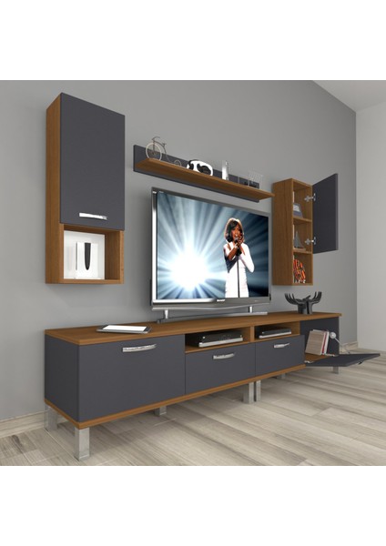 Eko 5200DA Mdf Krom Ayaklı Tv Ünitesi Tv Sehpası - Ceviz - Antrasit