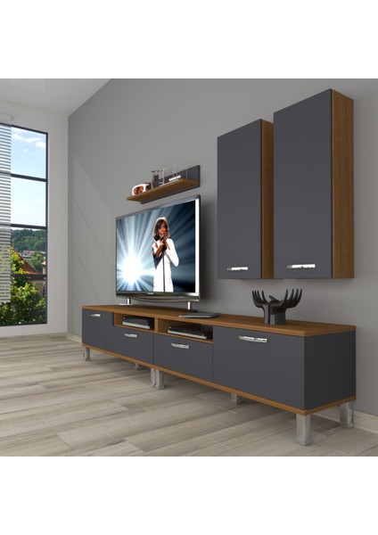 Eko 5200D Mdf Krom Ayaklı Tv Ünitesi Tv Sehpası - Ceviz - Antrasit