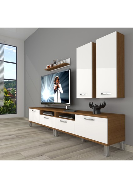 Eko 5200D Mdf Krom Ayaklı Tv Ünitesi Tv Sehpası - Ceviz - Beyaz