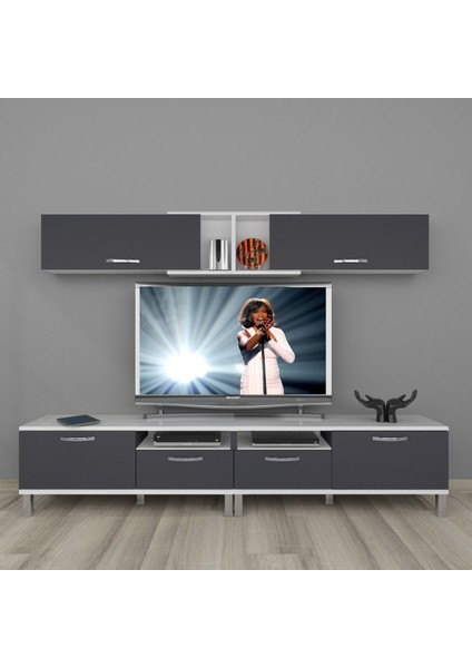 Eko 5220 Mdf Krom Ayaklı Tv Ünitesi Tv Sehpası - Beyaz - Antrasit