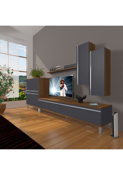 Eko 6 Mdf Std Krom Ayaklı Tv Ünitesi Tv Sehpası - Ceviz - Antrasit