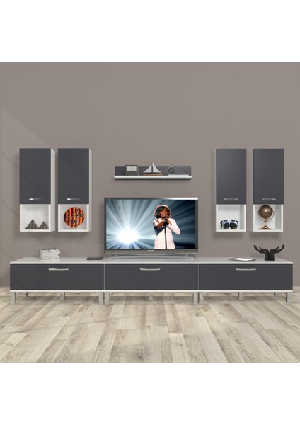 Eko 8da Mdf Krom Ayaklı Tv Ünitesi Tv Sehpası - Beyaz - Antrasit
