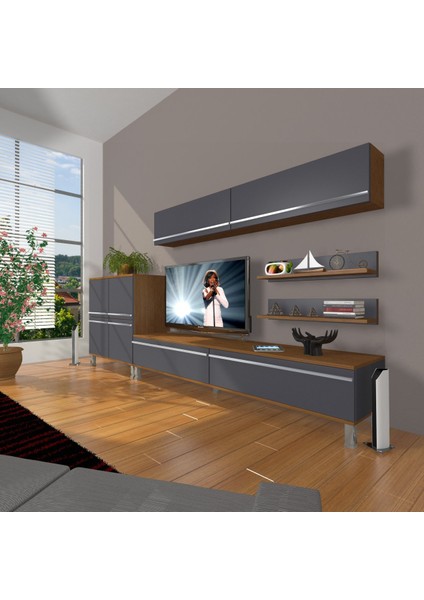 Eko 6y Mdf Std Krom Ayaklı Tv Ünitesi Tv Sehpası - Ceviz - Antrasit