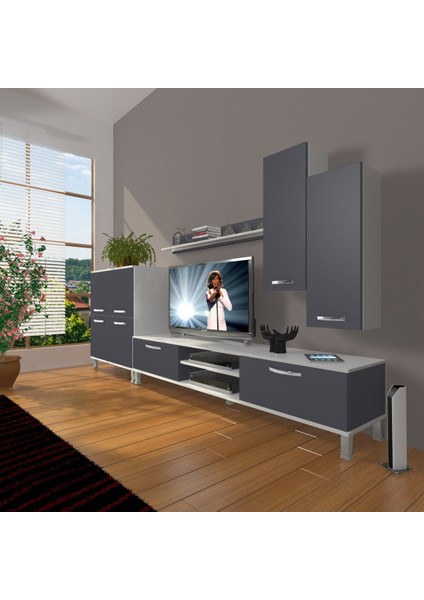 Eko 6 Mdf DVD Krom Ayaklı Tv Ünitesi Tv Sehpası - Beyaz - Antrasit