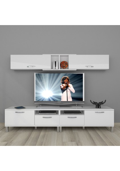 Eko 5220 Mdf Krom Ayaklı Tv Ünitesi Tv Sehpası - Parlak Beyaz