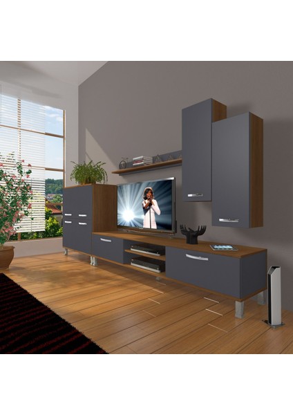 Eko 6 Mdf DVD Krom Ayaklı Tv Ünitesi Tv Sehpası - Ceviz - Antrasit
