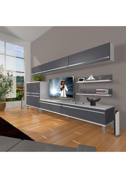 Eko 8 Mdf Std Krom Ayaklı Tv Ünitesi Tv Sehpası - Beyaz - Antrasit