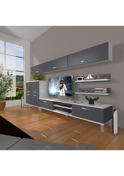 Eko 8 Mdf DVD Krom Ayaklı Tv Ünitesi Tv Sehpası - Beyaz - Antrasit