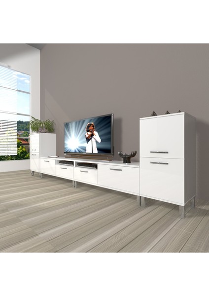 Eko 9220 Mdf Krom Ayaklı Tv Ünitesi Tv Sehpası - Parlak Beyaz