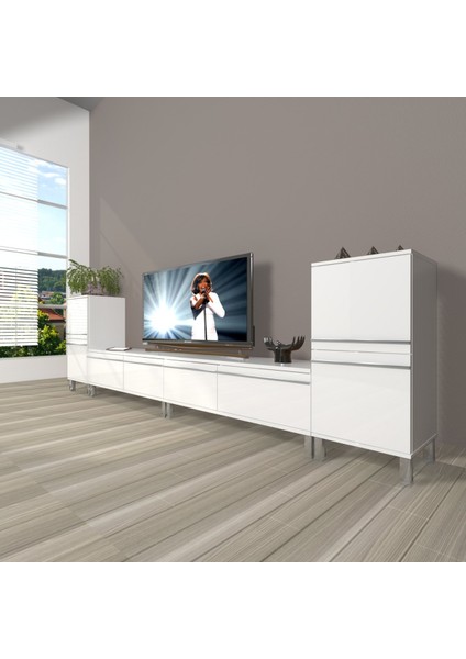 Eko 9200T Mdf Krom Ayaklı Tv Ünitesi Tv Sehpası - Parlak Beyaz