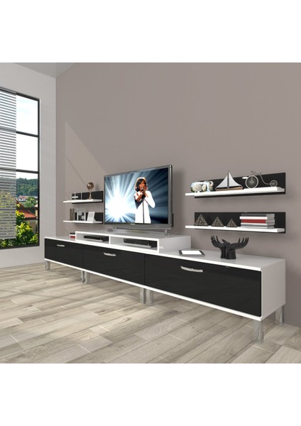 Ekoflex 270R Slm Krom Ayaklı Tv Ünitesi Tv Sehpası - Beyaz - Siyah
