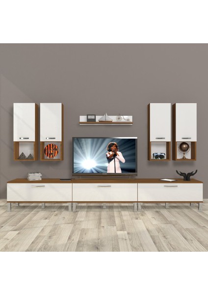 Eko 8da Slm Krom Ayaklı Tv Ünitesi Tv Sehpası - Ceviz - Beyaz