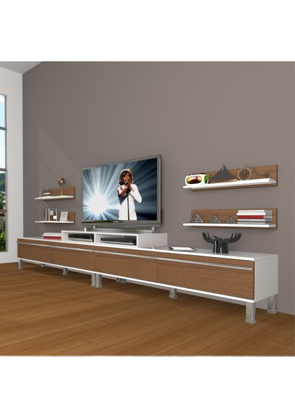 Ekoflex 360R Mdf Krom Ayaklı Tv Ünitesi Tv Sehpası - Beyaz - Ceviz
