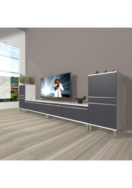 Eko 9200T Mdf Krom Ayaklı Tv Ünitesi Tv Sehpası - Beyaz - Antrasit