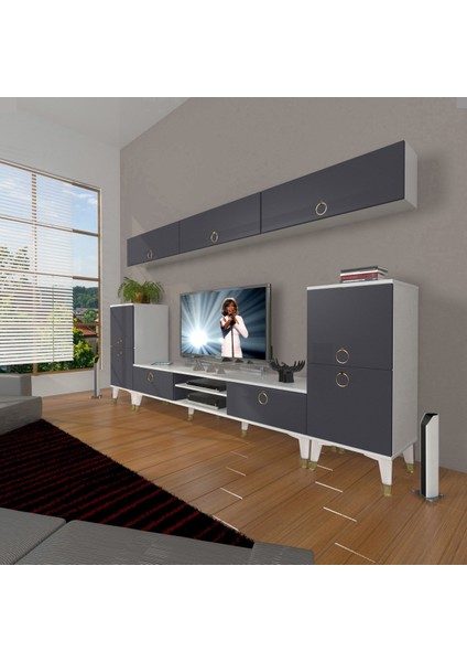 Eko 9 Mdf DVD Gold Tv Ünitesi Tv Sehpası - Beyaz - Antrasit