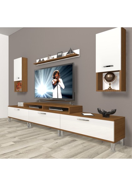 Ekoflex 270DA Slm Krom Ayaklı Tv Ünitesi Tv Sehpası - Ceviz - Beyaz