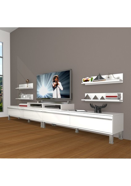 Ekoflex 360R Mdf Krom Ayaklı Tv Ünitesi Tv Sehpası - Parlak Beyaz