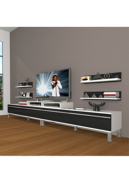 Ekoflex 360R Mdf Krom Ayaklı Tv Ünitesi Tv Sehpası - Beyaz - Siyah