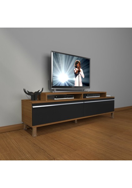 Ekoflex 4 Mdf Krom Ayaklı Tv Ünitesi Tv Sehpası - Ceviz - Siyah