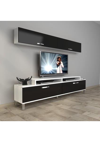 Ekoflex 5 Slm Krom Ayaklı Tv Ünitesi Tv Sehpası - Beyaz - Siyah