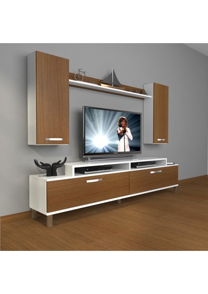 Ekoflex 7 Slm Krom Ayaklı Tv Ünitesi Tv Sehpası - Beyaz - Ceviz