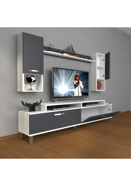 Ekoflex 5da Mdf Krom Ayaklı Tv Ünitesi Tv Sehpası - Beyaz - Antrasit