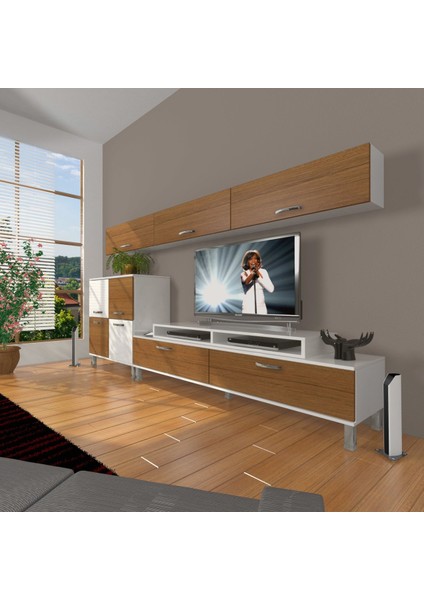 Ekoflex 8 Slm Krom Ayaklı Tv Ünitesi Tv Sehpası - Beyaz - Ceviz
