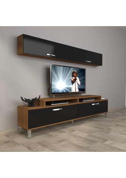 Ekoflex 5 Slm Krom Ayaklı Tv Ünitesi Tv Sehpası - Ceviz - Siyah