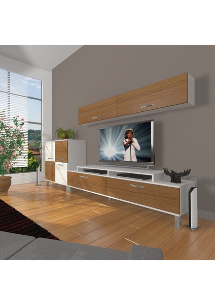 Ekoflex 6y Slm Krom Ayaklı Tv Ünitesi Tv Sehpası - Beyaz - Ceviz