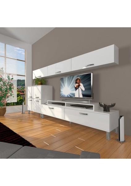 Ekoflex 8 Slm Krom Ayaklı Tv Ünitesi Tv Sehpası - Parlak Beyaz