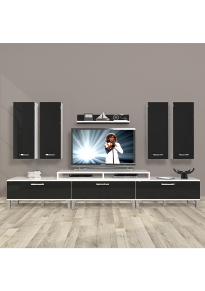 Ekoflex 8d Slm Krom Ayaklı Tv Ünitesi Tv Sehpası - Beyaz - Siyah
