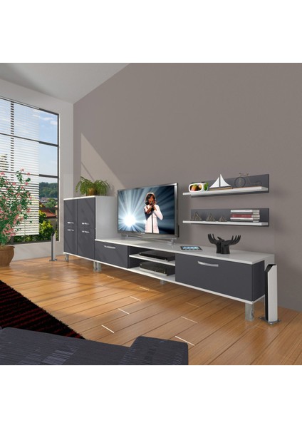 Eko On Mdf DVD Krom Ayaklı Tv Ünitesi Tv Sehpası - Beyaz - Antrasit