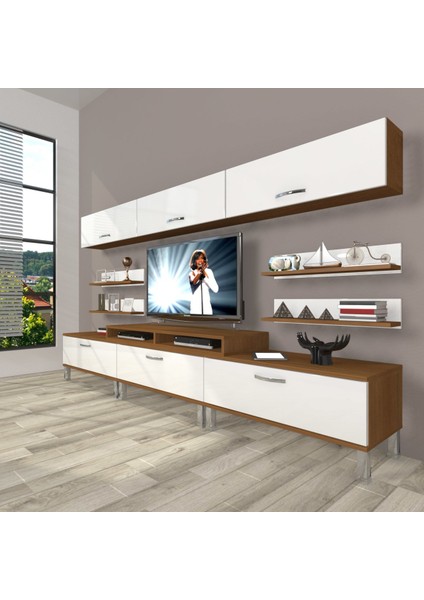 Ekoflex 8y Slm Krom Ayaklı Tv Ünitesi Tv Sehpası - Ceviz - Beyaz