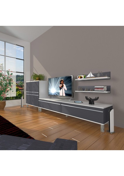 Eko On Mdf Std Krom Ayaklı Tv Ünitesi Tv Sehpası - Beyaz - Antrasit