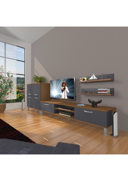Eko On Mdf DVD Krom Ayaklı Tv Ünitesi Tv Sehpası - Ceviz - Antrasit