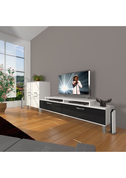 Ekoflex On Slm Krom Ayaklı Tv Ünitesi Tv Sehpası - Beyaz - Siyah