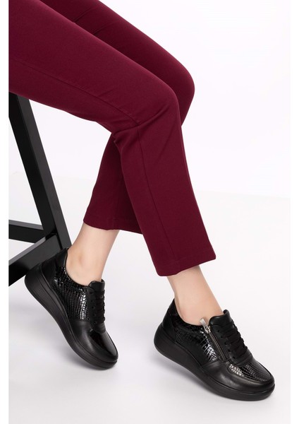 Hakiki Deri Anatomik Taban Rahat Fermuarlı Ayakkabı NDR.3802 - Siyah Petek - 41