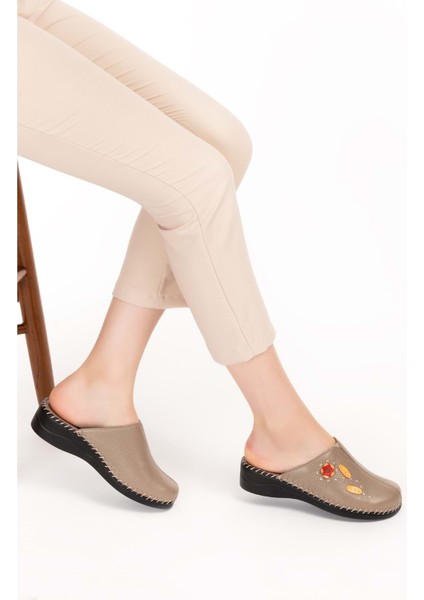 Kadın Hakiki Deri Ortopedik Sabo Terlik YPRK.811 - Vizon - 42