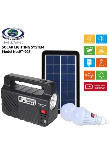 RT-908 Bluetoothlu Şarjlı Radyo Güneş Enerjili 2 Ampullü Solar Set