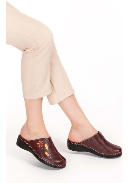 Kadın Hakiki Deri Ortopedik Sabo Terlik YPRK.811 - Bordo - 40