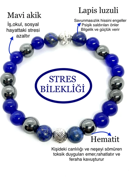 Hediye Kutusu Unisex Doğaltaş Stres Bilekliği ( Mavi Akik Hematit Lapis Lazuli Doğal Taş Bileklik)