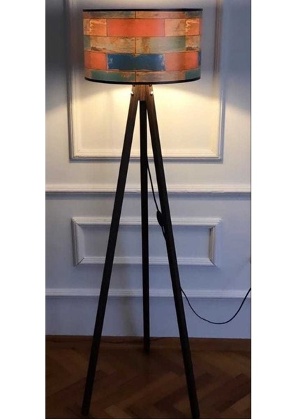 Ahşap Üçlü Ayak Modern Tripod Lambader, Silindir Başlık  21LM043-RENKLİ